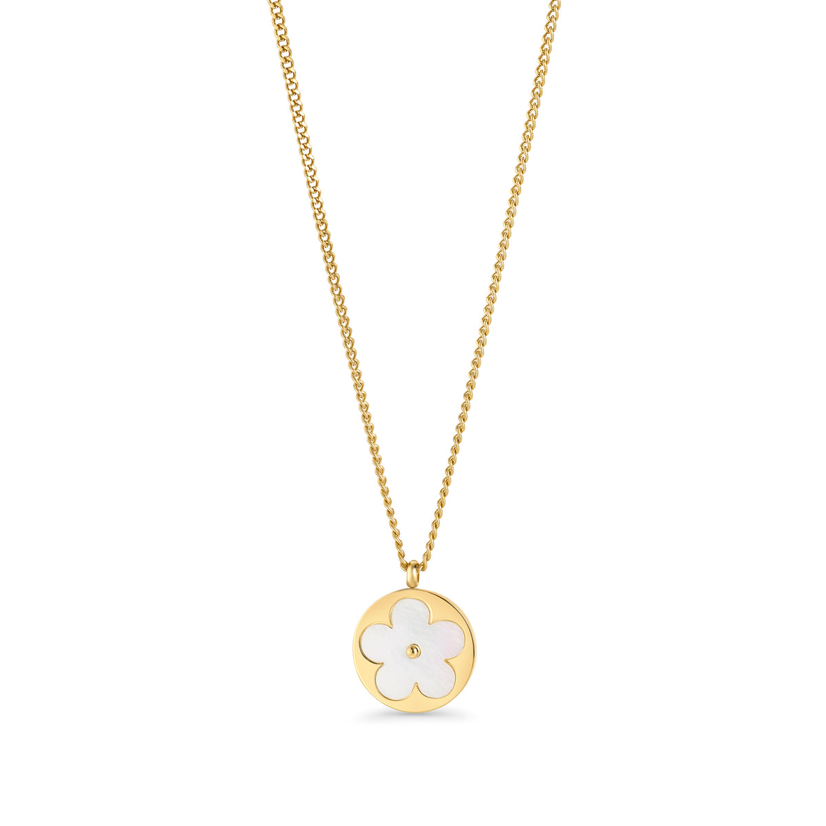 Gold chain necklace with a round mother-of-pearl flower pendant on a white background. Waterproof, stainless steel and allergy free. By Mia Bijoux Canada.
Collier à chaîne dorée avec pendentif rond à fleur blanche nacrée sur fond blanc. Résistant à l'eau, en acier inoxydable et hypoallergénique. Par Mia Bijoux Canada.