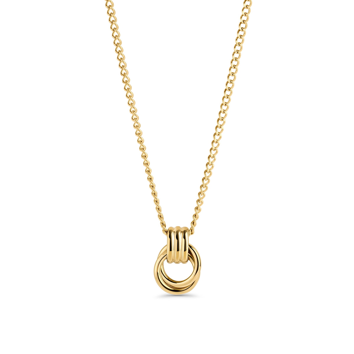 A gold chain necklace with a grooved circle pendant, shown on a clean white background. Waterproof, stainless steel and allergy free. By MIAJWL.
Collier à chaîne dorée avec pendentif cercle rainuré, présenté sur fond blanc épuré. Résistant à l'eau, en acier inoxydable et hypoallergénique. Par MIAJWL.