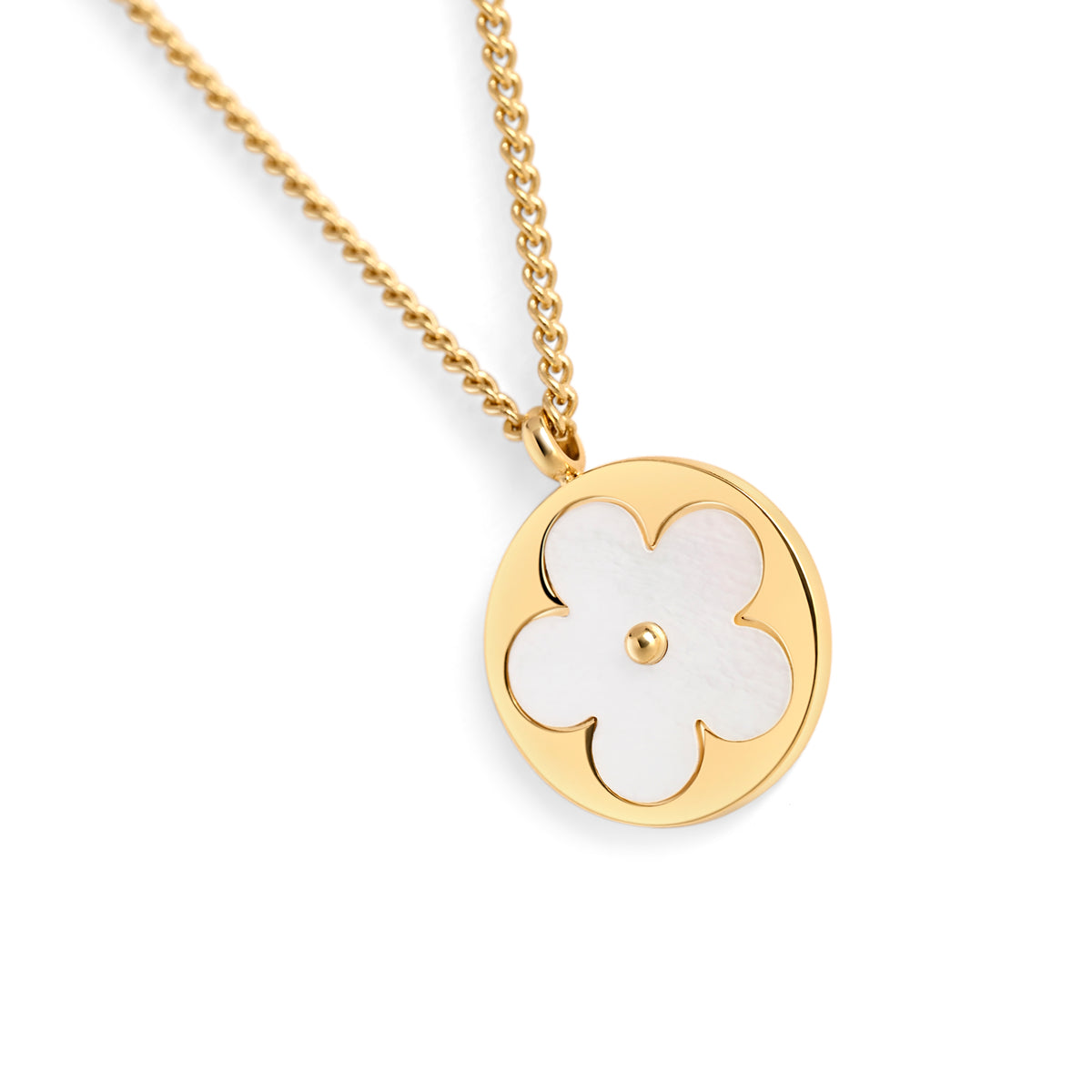 A gold chain necklace with a circular pendant featuring a white mother-of-pearl petal flower design, shown on a clean white background. Waterproof, stainless steel and allergy free. By Mia Bijoux Canada.
Collier à chaîne dorée avec pendentif circulaire orné d'une fleur blanche nacrée à pétales, présenté sur fond blanc épuré. Résistant à l'eau, en acier inoxydable et hypoallergénique. Par Mia Bijoux Canada.