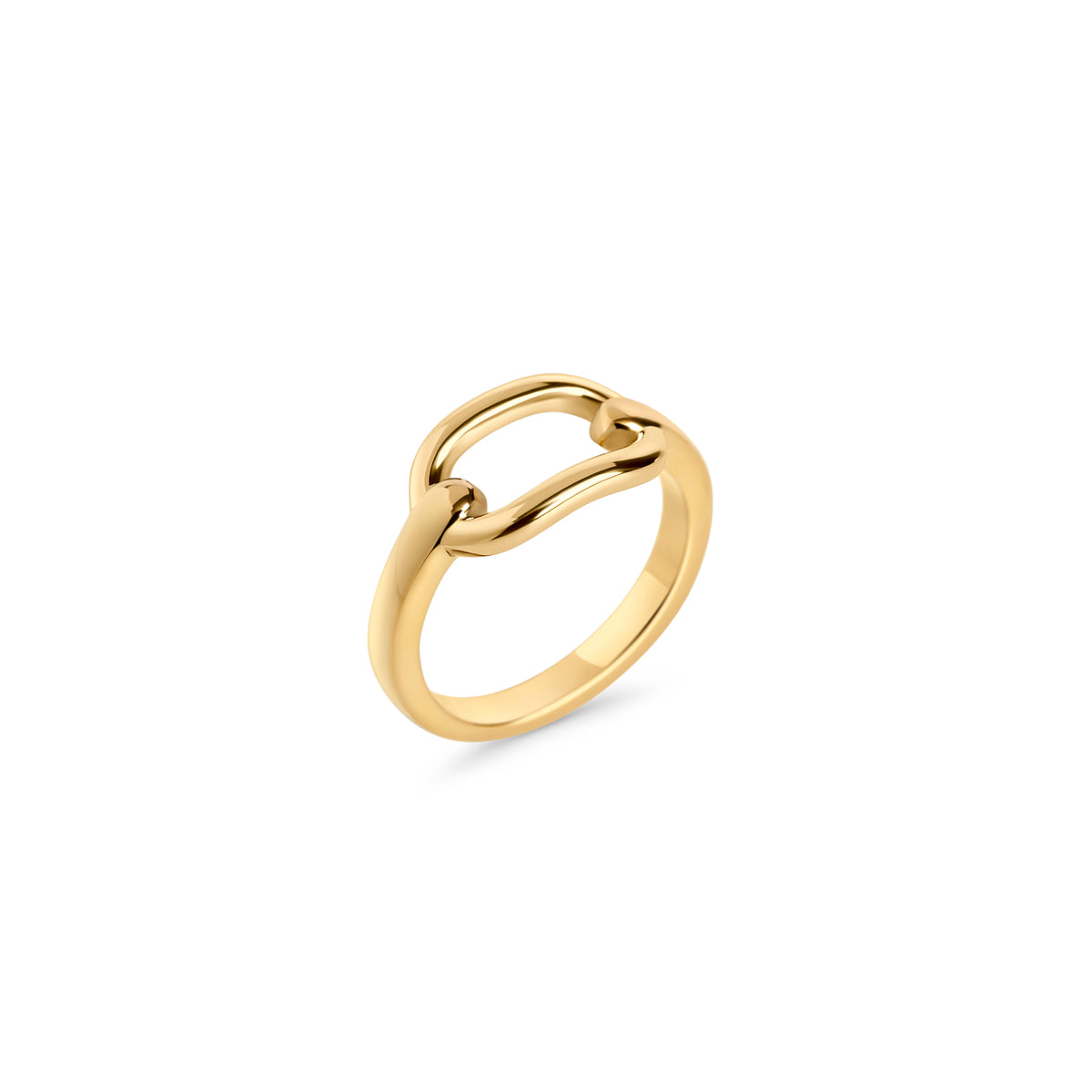 Polished gold ring with an open interlocking link design on a white background. Nickel-free, waterproof & tarnish-resistant stainless steel ring for sensitive skin, minimalist luxury jewelry by Mia Bijoux Canada.
Bague dorée polie au design de maillons entrelacés ouverts sur fond blanc. Bague en acier inoxydable sans nickel, résistante à l'eau et anti-ternissement pour peaux sensibles, bijouterie de luxe minimaliste par Mia Bijoux Canada.