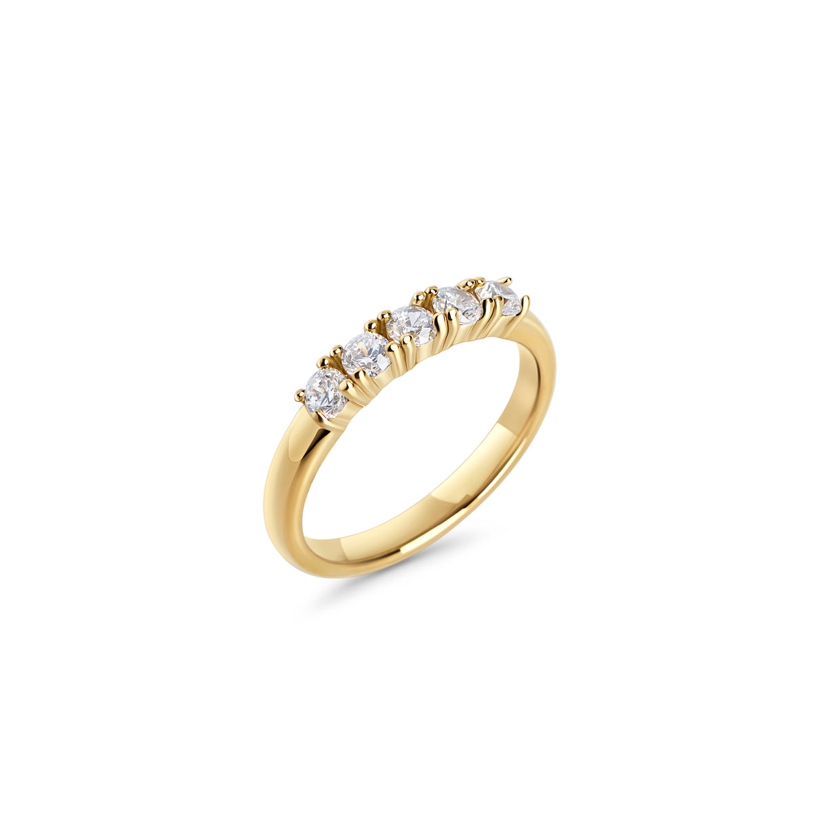 Gold stainless steel five stone ring with round cubic zirconia, hypoallergenic and tarnish-free jewelry, safe for sensitive skin, durable everyday ring, affordable luxury jewelry Canada Toronto.