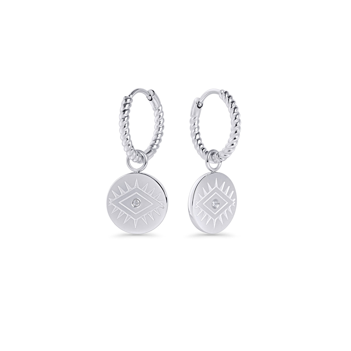 Evil eye silver coin charm huggie earrings with cubic zirconia – hypoallergenic, non-tarnish stainless steel earrings for sensitive ears by Mia Bijoux Canada