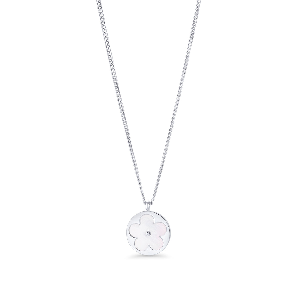 Silver chain necklace with a round mother-of-pearl flower pendant on a white background. Waterproof, stainless steel and allergy free. By Mia Bijoux Canada.

Collier à chaîne argentée avec pendentif rond à fleur blanche nacrée sur fond blanc. Résistant à l'eau, en acier inoxydable et hypoallergénique. Par Mia Bijoux Canada.