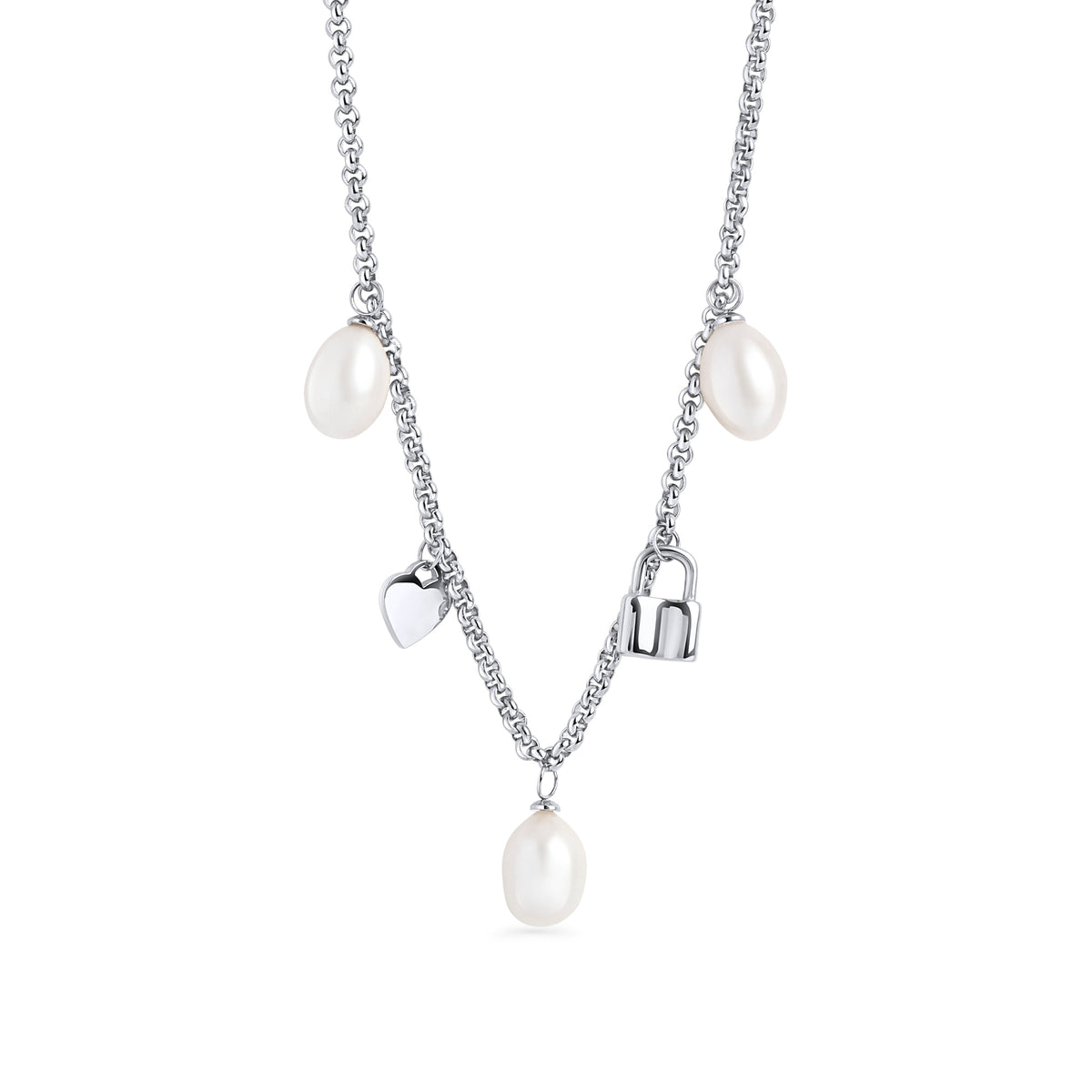Silver stainless steel charm necklace with freshwater pearl drops, heart charm and lock pendant, trendy layered chain jewelry, hypoallergenic non-tarnish durable statement necklace.
