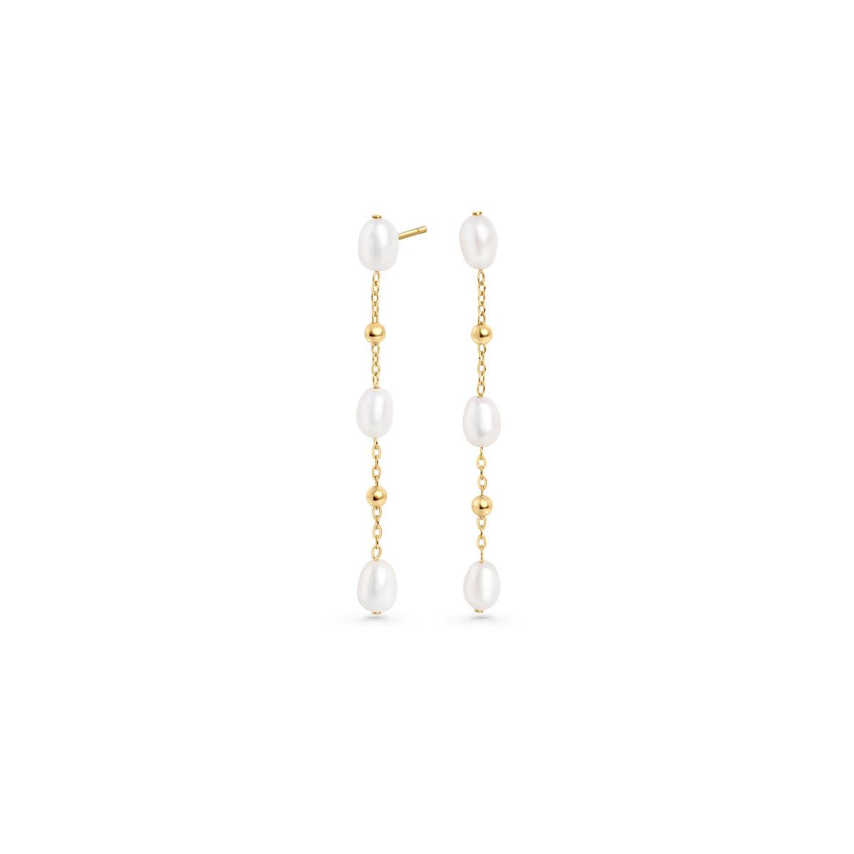 Hypoallergenic stainless steel pearl drop earrings for sensitive ears, tarnish-free silver jewelry in Canada, elegant long chain pearl earrings for women.