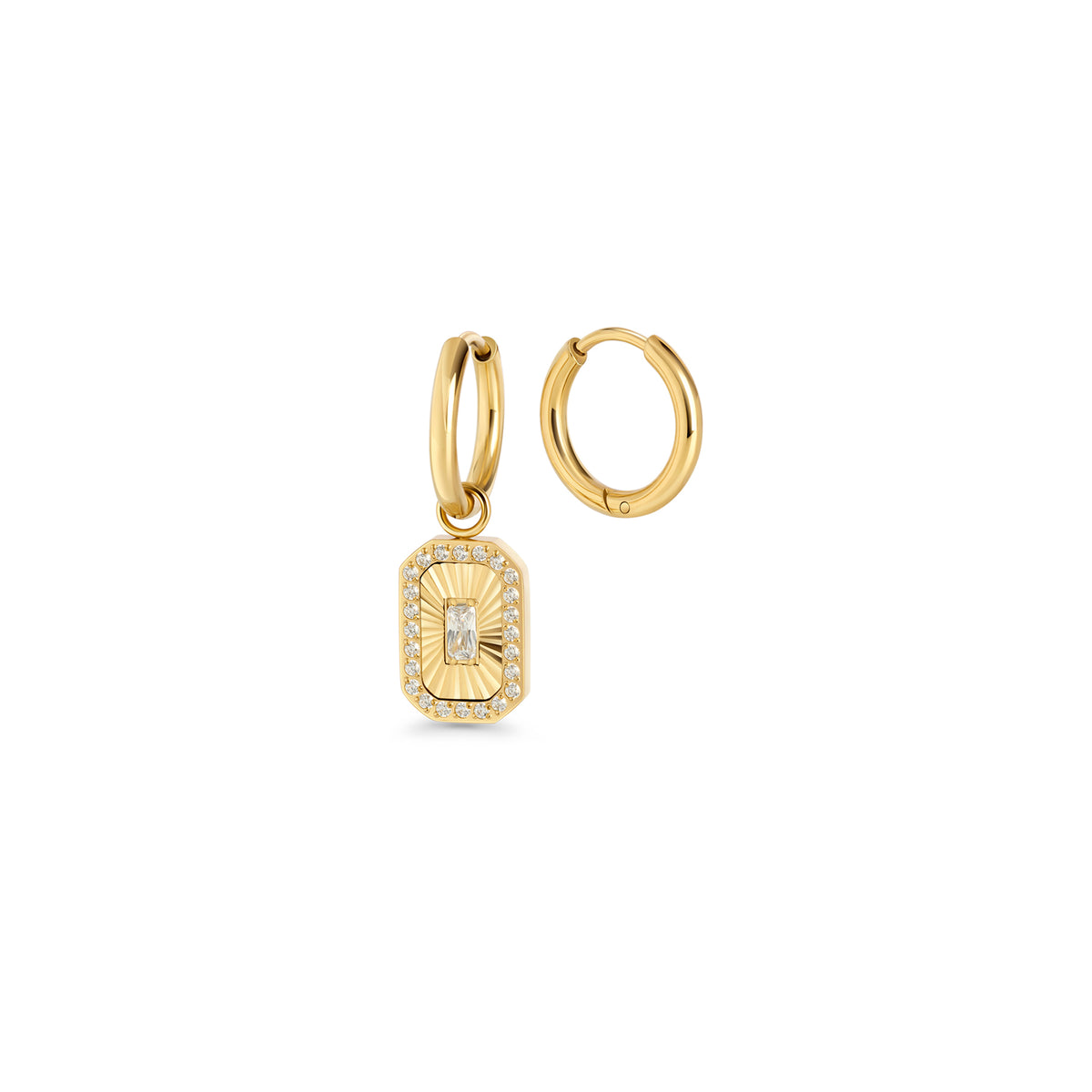 Gold hoop earrings with a rectangular octagonal pendant featuring a fluted sunburst center and baguette cubic zirconia on a white background. 2-in-1. Nickel-free and waterproof jewelry by Mia Bijoux Canada.

Boucles d'oreilles anneaux dorées avec pendentif rectangulaire octogonal à motif rayonnant strié et zircon taille baguette sur fond blanc. 2 en 1. Bijoux sans nickel et résistants à l'eau par Mia Bijoux Canada.