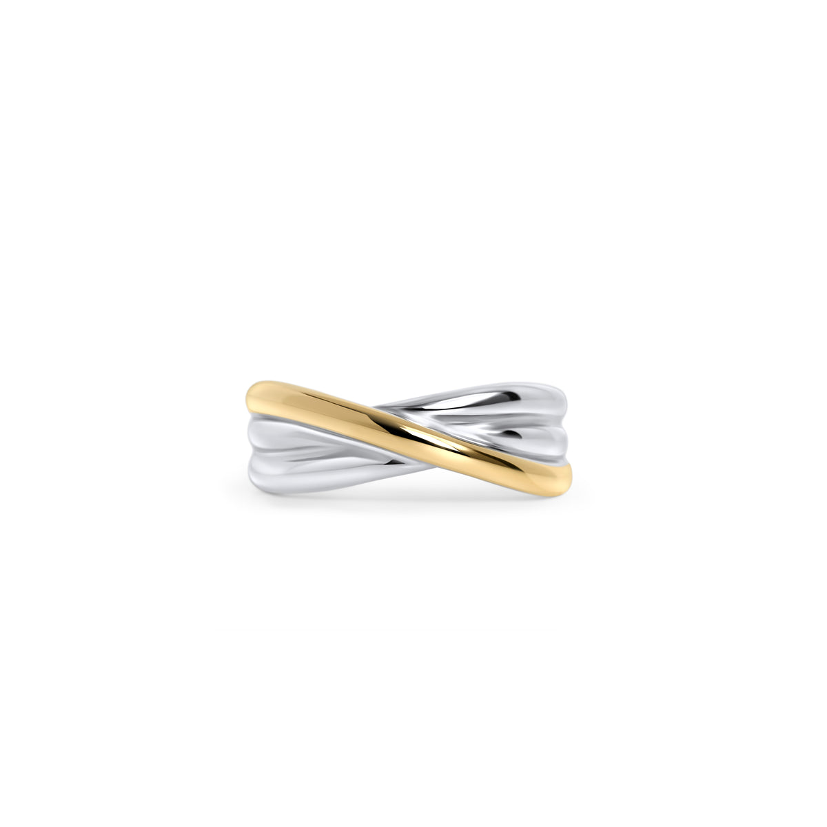 Two-tone crossover ring in gold and silver stainless steel, modern twisted design with high-polish finish, durable everyday jewelry crafted for comfort and long-lasting shine in Canada.