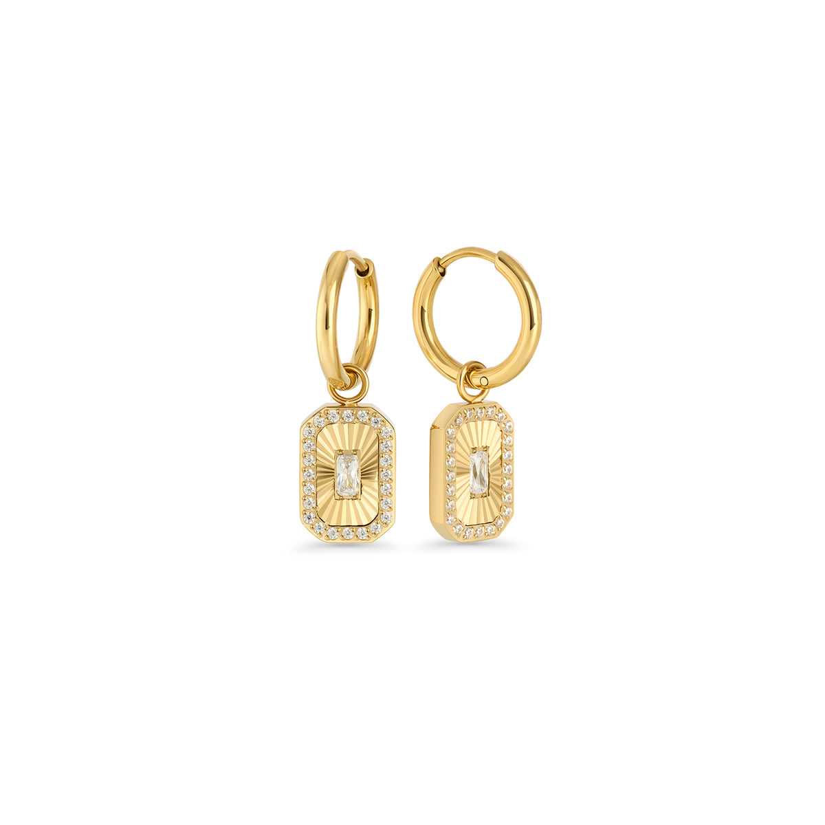 Gold hoop earrings with a rectangular octagonal pendant featuring a fluted sunburst center and baguette cubic zirconia on a white background. Nickel-free and waterproof jewelry by Mia Bijoux Canada.

Boucles d'oreilles anneaux dorées avec pendentif rectangulaire octogonal à motif rayonnant strié et zircon taille baguette sur fond blanc. Bijoux sans nickel et résistants à l'eau par Mia Bijoux Canada.